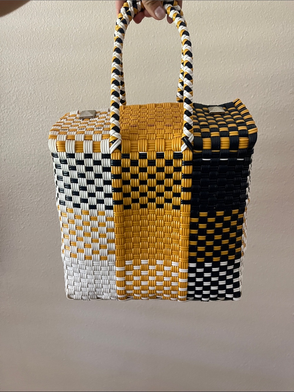 México Woven Checker Tote Bag in Yellow, Black & White